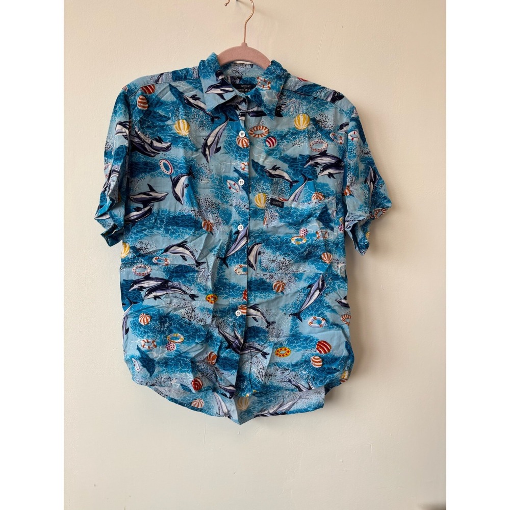 Vintage 90s Guess by Georges Marciano Rayon Beach Camp Shirt Dolphins Medium‎